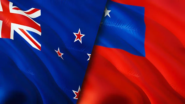新西兰和萨摩亚的国旗 3D波浪旗帜设计 新西兰萨摩亚国旗 新西兰对萨摩亚的图像 3D渲染 新西兰 萨摩亚关系战争联盟概念 — 图库照片
