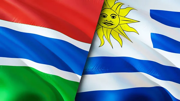 Gambia and Uruguay flags. 3D Waving flag design. Gambia Uruguay flag, picture, wallpaper. Gambia vs Uruguay image,3D rendering. Gambia Uruguay relations alliance and Trade,travel,tourism concep