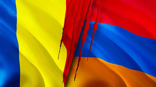 罗马尼亚和亚美尼亚的国旗带有伤疤概念 飘扬的旗帜 3D渲染 罗马尼亚和亚美尼亚冲突概念 罗马尼亚亚美尼亚关系概念 罗马尼亚国旗与亚美尼亚危机 — 图库照片