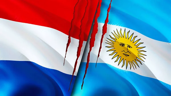 Hollanda Arjantin Bayrakları Yara Izi Konseptiyle Dalgalanan Bayrak Boyutlu Görüntüleme — Stok fotoğraf