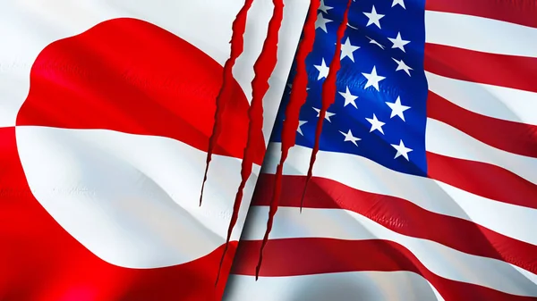 Greenland and USA flags with scar concept. Waving flag,3D rendering. Greenland and USA conflict concept. Greenland USA relations concept. flag of Greenland and USA crisis,war, attack concep