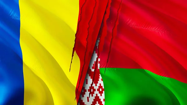 Romania and Belarus flags with scar concept. Waving flag,3D rendering. Romania and Belarus conflict concept. Romania Belarus relations concept. flag of Romania and Belarus crisis,war, attack concep