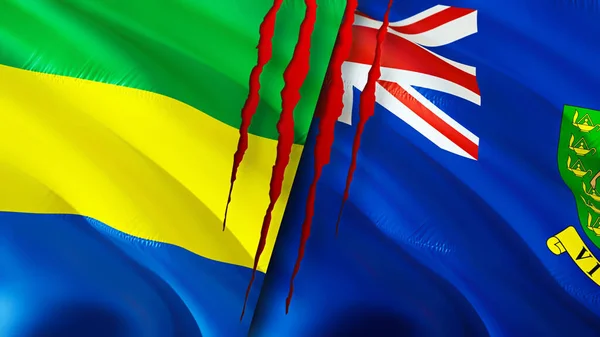 带有疤痕概念的加蓬和英属维尔京群岛国旗 飘扬的旗帜 3D渲染 加蓬和英属维尔京群岛冲突概念 加蓬英属维尔京群岛关系概念 加波国旗 — 图库照片