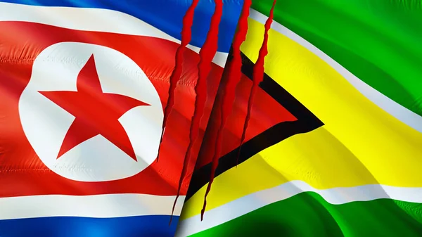 North Korea and Guyana flags with scar concept. Waving flag,3D rendering. North Korea and Guyana conflict concept. North Korea Guyana relations concept. flag of North Korea and Guyana crisis,war