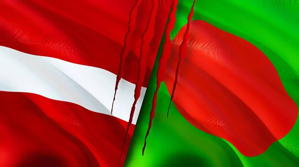 Latvia and Bangladesh flags with scar concept. Waving flag,3D rendering. Latvia and Bangladesh conflict concept. Latvia Bangladesh relations concept. flag of Latvia and Bangladesh crisis,war, attac