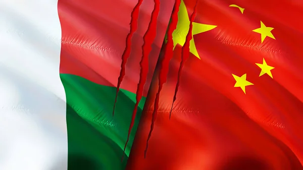 Madagascar China Flags Scar Concept Waving Flag Rendering Madagascar China — Stock Photo, Image