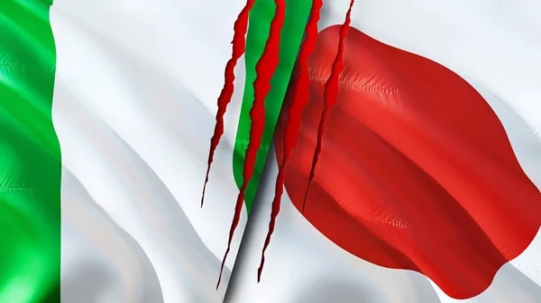 Nigeria and Japan flags with scar concept. Waving flag,3D rendering. Nigeria and Japan conflict concept. Nigeria Japan relations concept. flag of Nigeria and Japan crisis,war, attack concep
