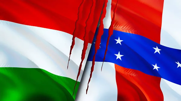 Hungary and Netherlands Antilles flags with scar concept. Waving flag,3D rendering. Hungary and Netherlands Antilles conflict concept. Hungary Netherlands Antilles relations concept. flag of Hungar