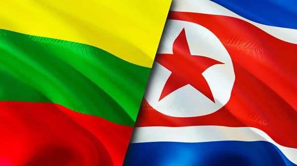 Lithuania and North Korea flags. 3D Waving flag design. Lithuania North Korea flag, picture, wallpaper. Lithuania vs North Korea image,3D rendering. Lithuania North Korea relations alliance an