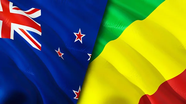 New Zealand and Congo flags. 3D Waving flag design. New Zealand Congo flag, picture, wallpaper. New Zealand vs Congo image,3D rendering. New Zealand Congo relations war alliance concept.Trade