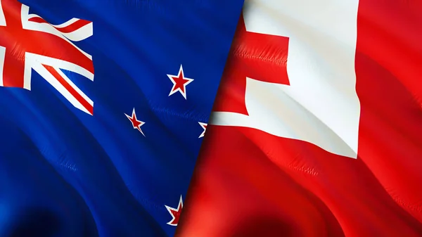 新西兰和汤加的国旗 3D波浪旗帜设计 新西兰汤加国旗 新西兰对汤加的图像 3D渲染 新西兰 汤加关系战争联盟概念 — 图库照片