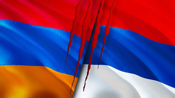 亚美尼亚和塞尔维亚在国旗上印有伤疤的概念 飘扬的旗帜 3D渲染 亚美尼亚和塞尔维亚冲突概念 亚美尼亚塞尔维亚关系概念 亚美尼亚和塞尔维亚国旗危机 — 图库照片