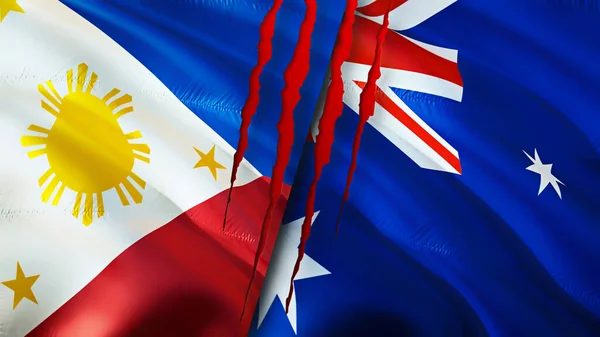 Philippines and Australia flags with scar concept. Waving flag,3D rendering. Philippines and Australia conflict concept. Philippines Australia relations concept. flag of Philippines and Australi
