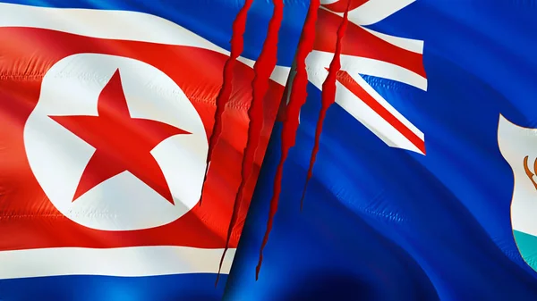 北朝鲜和安圭拉带有伤疤概念的国旗 飘扬的旗帜 3D渲染 北朝鲜和安圭拉冲突概念 北朝鲜安圭拉关系概念 朝鲜和Anguill国旗 — 图库照片
