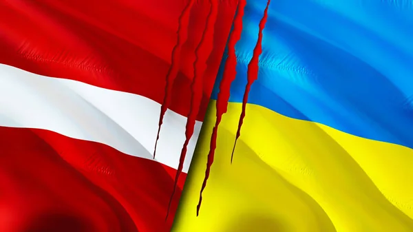 Lettonia Ucraina Bandiere Con Concetto Cicatrice Bandiera Sventolante Rendering Lettonia — Foto Stock