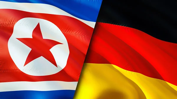 North Korea and Germany flags. 3D Waving flag design. North Korea Germany flag, picture, wallpaper. North Korea vs Germany image,3D rendering. North Korea Germany relations alliance an