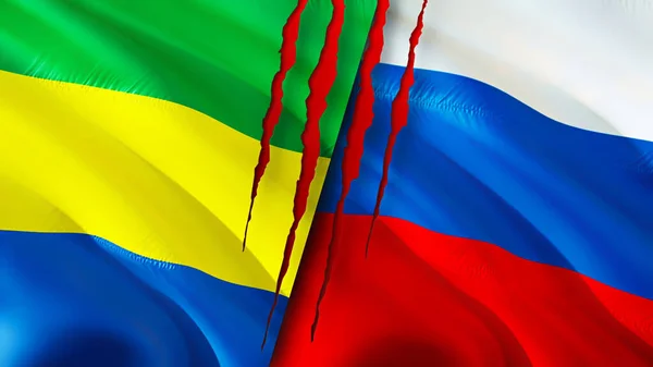 Gabon and Russia flags with scar concept. Waving flag,3D rendering. Gabon and Russia conflict concept. Gabon Russia relations concept. flag of Gabon and Russia crisis,war, attack concep