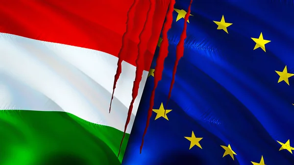Hungary and European Union flags with scar concept. Waving flag,3D rendering. Hungary and European Union conflict concept. Hungary European Union relations concept. flag of Hungary and Europea