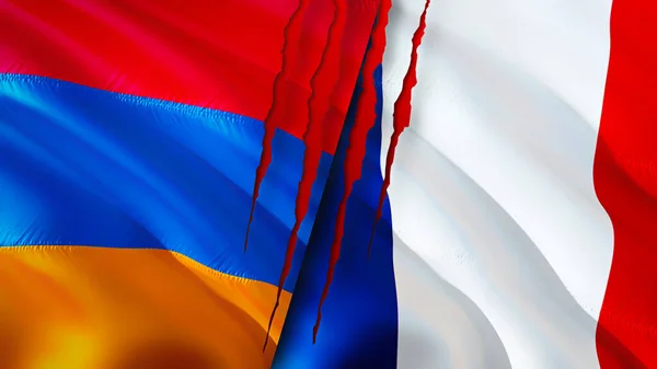 亚美尼亚和法国的国旗上有疤痕的概念 飘扬的旗帜 3D渲染 亚美尼亚和法国冲突概念 亚美尼亚 法国关系概念 亚美尼亚和法国国旗危机 — 图库照片