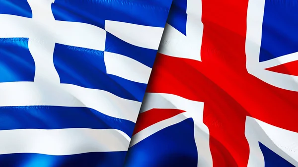 Greece and United Kingdom flags. 3D Waving flag design. Greece United Kingdom flag, picture, wallpaper. Greece vs United Kingdom image,3D rendering. Greece United Kingdom relations alliance an