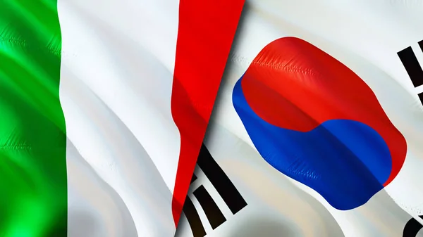 Italy and South Korea flags. 3D Waving flag design. Italy South Korea flag, picture, wallpaper. Italy vs South Korea image,3D rendering. Italy South Korea relations alliance and Trade,travel,touris