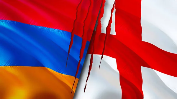 Armenia and England flags with scar concept. Waving flag,3D rendering. Armenia and England conflict concept. Armenia England relations concept. flag of Armenia and England crisis,war, attack