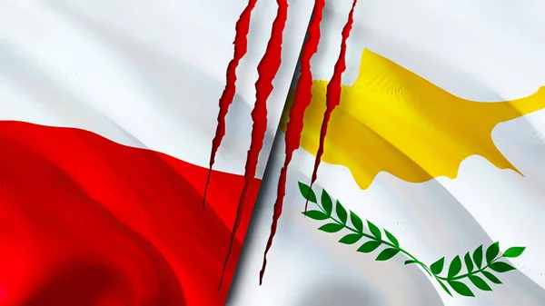 Poland and Cyprus flags with scar concept. Waving flag,3D rendering. Poland and Cyprus conflict concept. Poland Cyprus relations concept. flag of Poland and Cyprus crisis,war, attack concep