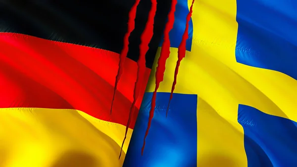 Germany and Sweden flags with scar concept. Waving flag,3D rendering. Germany and Sweden conflict concept. Germany Sweden relations concept. flag of Germany and Sweden crisis,war, attack concep