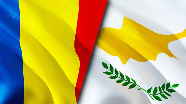 Romania and Cyprus flags. 3D Waving flag design. Romania Cyprus flag, picture, wallpaper. Romania vs Cyprus image,3D rendering. Romania Cyprus relations alliance and Trade,travel,tourism concep