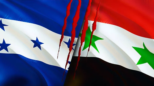 Honduras and Syria flags with scar concept. Waving flag 3D rendering. Honduras and Syria conflict concept. Honduras Syria relations concept. flag of Honduras and Syria crisis,war, attack concep