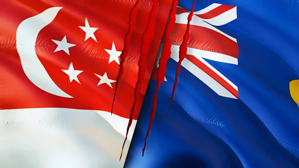 新加坡和圣赫勒拿的国旗带有疤痕概念 飘扬的旗帜 3D渲染 新加坡和圣赫勒拿冲突概念 新加坡圣赫勒拿关系概念 新加坡国旗和Sain国旗 — 图库照片