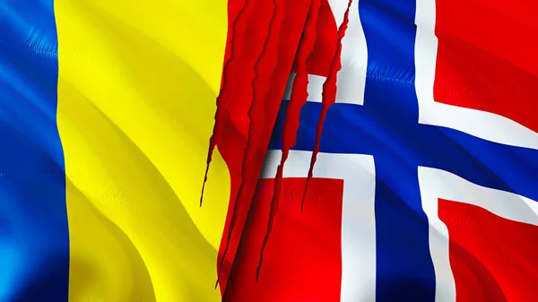 Romania and Norway flags with scar concept. Waving flag,3D rendering. Romania and Norway conflict concept. Romania Norway relations concept. flag of Romania and Norway crisis,war, attack concep