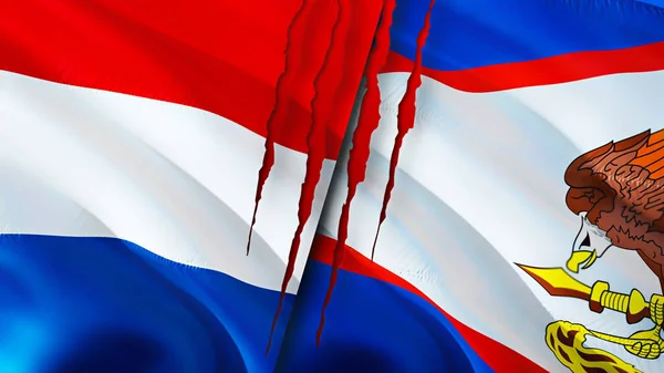 Netherlands and American Samoa flags with scar concept. Waving flag,3D rendering. Netherlands and American Samoa conflict concept. Netherlands American Samoa relations concept. flag of Netherland