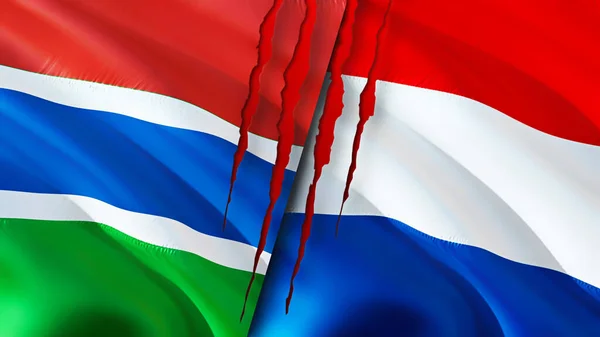 Bandeiras Gâmbia Holanda Com Conceito Cicatriz Bandeira Ondulada Renderização Conceito — Fotografia de Stock