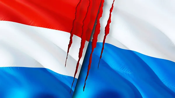 Flagi Luksemburga San Marino Blizną Machanie Flagą Renderowanie Koncepcja Konfliktu — Zdjęcie stockowe