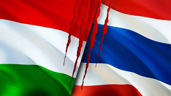 Ungaria Thailanda Steaguri Concept Cicatrice Fluturând Steagul Redare Conceptul Conflict — Fotografie, imagine de stoc