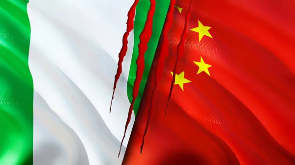 Nigeria and China flags with scar concept. Waving flag,3D rendering. Nigeria and China conflict concept. Nigeria China relations concept. flag of Nigeria and China crisis,war, attack concep