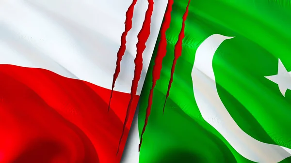 Poland and Pakistan flags with scar concept. Waving flag,3D rendering. Poland and Pakistan conflict concept. Poland Pakistan relations concept. flag of Poland and Pakistan crisis,war, attack concep