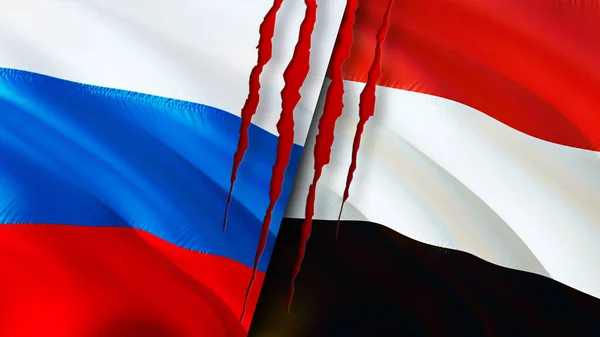 Ryssland Och Jemen Flaggor Med Ärr Koncept Viftar Med Flaggan — Stockfoto