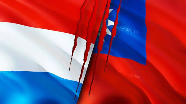 룩셈부르크와 대만의 깃발에는 흉터가 웨이브 플래그 렌더링 룩셈부르크와 대만의 갈등이라는 — 스톡 사진