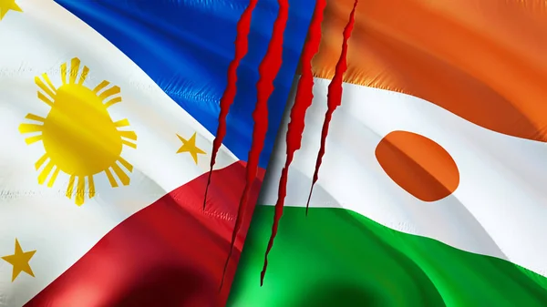 Filipina Dan Niger Bendera Dengan Konsep Bekas Luka Mengayunkan Bendera — Stok Foto