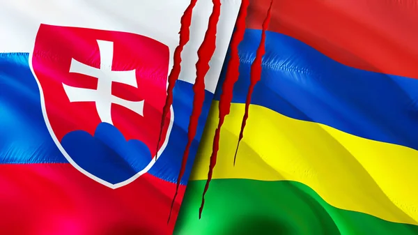 Flagi Słowacji Mauritiusa Blizną Machanie Flagą Renderowanie Koncepcja Konfliktu Słowacji — Zdjęcie stockowe