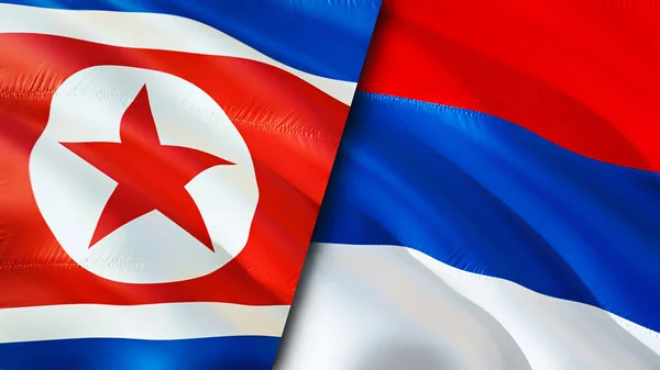 North Korea and USA Serbia. 3D Waving flag design. North Korea USA flag, picture, wallpaper. North Korea vs USA image,3D rendering. North Korea USA relations alliance and Trade,travel,tourism concep