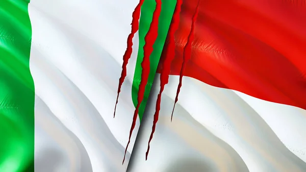 Nigeria and Indonesia flags with scar concept. Waving flag,3D rendering. Nigeria and Indonesia conflict concept. Nigeria Indonesia relations concept. flag of Nigeria and Indonesia crisis,war, attac