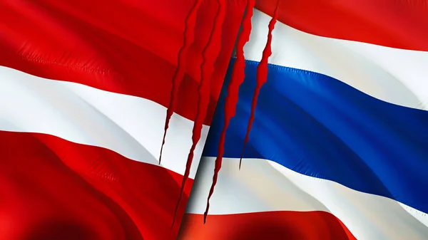 Łotwa Tajlandia Flagi Blizną Koncepcji Machanie Flagą Renderowanie Koncepcja Konfliktu — Zdjęcie stockowe