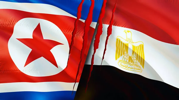 North Korea and Egypt flags with scar concept. Waving flag,3D rendering. North Korea and Egypt conflict concept. North Korea Egypt relations concept. flag of North Korea and Egypt crisis,war, attac