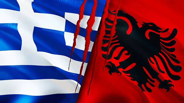 그리스와 알바니아의 깃발에는 흉터가 웨이브 플래그 렌더링 그리스와 알바니아의 개념이다 — 스톡 사진