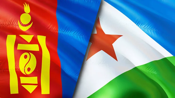 Mongolia and Djibouti flags. 3D Waving flag design. Mongolia Djibouti flag, picture, wallpaper. Mongolia vs Djibouti image,3D rendering. Mongolia Djibouti relations alliance and Trade,travel,touris