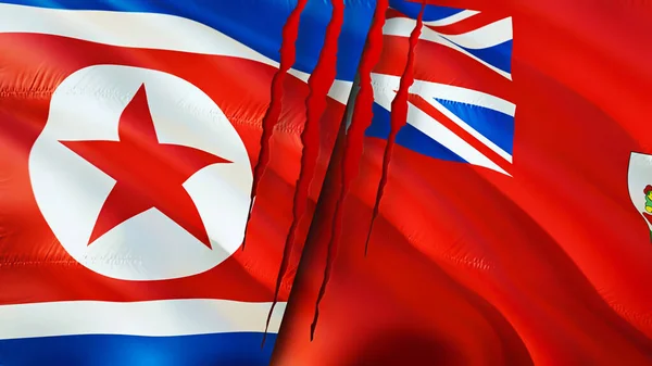 North Korea and Bermuda flags with scar concept. Waving flag,3D rendering. North Korea and Bermuda conflict concept. North Korea Bermuda relations concept. flag of North Korea and Bermud