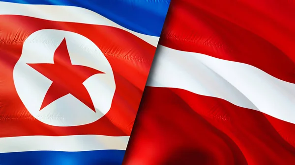 North Korea and USA Latvia. 3D Waving flag design. North Korea USA flag, picture, wallpaper. North Korea vs USA image,3D rendering. North Korea USA relations alliance and Trade,travel,tourism concep